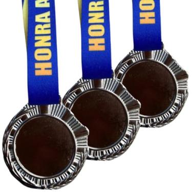 Imagem de Kit 50 Medalhas Honra ao Mérito para premiação Esportiva, Medalha Redonda Brilhante 60mm, com Cordão Tecido Personalizado (Prata)