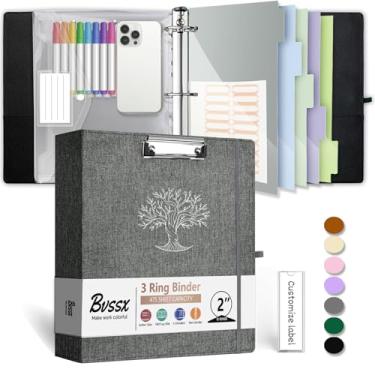 Imagem de BVSSX Fichário de 3 anéis, organizador de fichário de couro de linho de 5 cm com prancheta para papel tamanho carta, pasta transparente, 5 divisórias de abas, etiquetas de pasta de arquivo, alça de