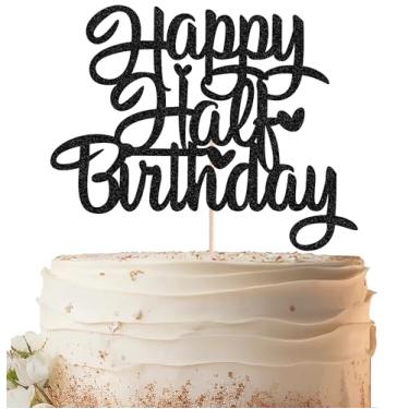Imagem de EONNCNT Topo de bolo Happy Half Birthday - Glitter preto 6 meses artigos de decoração de bolo de aniversário para meninos ou meninas chá de bebê, revelação de gênero ou 1/2 artigos de festa de