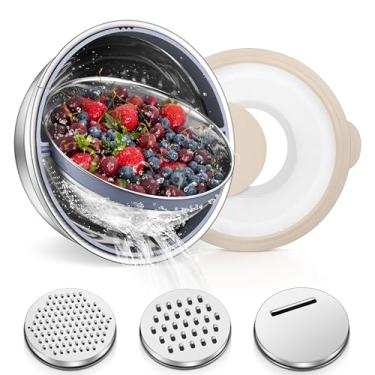 Imagem de TeamFar Escorredor 4-1 com conjunto de tigela, escorredor rotativo para cozinha, coadores e escorredores de alimentos de aço inoxidável tigela de mistura com raladores, para lavar vegetais e frutas