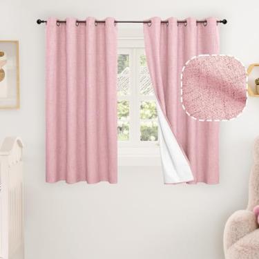 Imagem de Cortinas blecaute de linho rosa bebê para berçário, conjunto de 2 painéis de 113 cm, isolamento térmico, boho, total blackout, redução de ruído, cortinas de janela Bonzer para quarto de meninas, cada