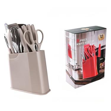 Imagem de Henlutuo Conjunto de utensílios de cozinha de silicone de 12 peças com facas de aço inoxidável – espátula resistente ao calor, colher, descascador, utensílios de cozinha que não arranham para assar