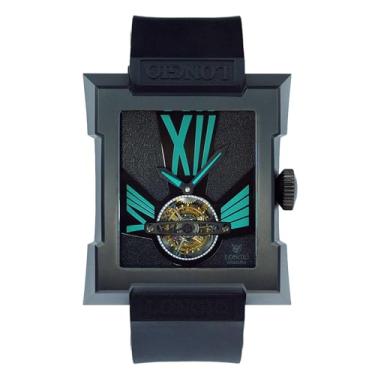 Imagem de LONGIO Relógio Aamara Tourbillon, caixa DLC de titânio, mostrador preto com algarismos romanos turquesa verde, movimento turbilhão central mecânico com pulseira de borracha natural