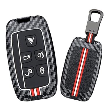 Imagem de HIBEYO Capa de chaveiro de carro adequada para Land Rover LR4 Range Rover Sport Evoque Jaguar XF XJ XJL F-pace Capa de chave de metal e silicone que brilha no escuro - um chaveiro (linhas vermelhas e