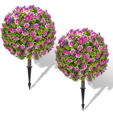 Imagem de Árvores de bola de buxo artificial de 63,5 cm com girassóis roxos, conjunto de 2 plantas artificiais resistentes a UV que não desbotam com ponta de solo, arbustos falsos para jardim, pátio, varanda
