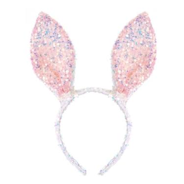 Imagem de Haakong Tiara de orelhas de coelho com lantejoulas e orelhas de coelho para mulheres, acessórios de fantasia de coelhinho para Halloween, cosplay, rosa, tamanho �nico