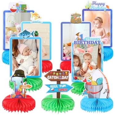 Imagem de 9pcs Gone Fishing Photo Honeycomb Centerpieces Fishing First Birthday Party Table Decorations Catch of the Day Fishing Tabletop Centerpieces for Baby Shower 1st Birthday Table Topper Sign Decors