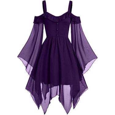 Imagem de Cdiecer Vestido feminino sexy de fada com ombros de fora da Renaissance Faire, plus size, gótico, steampunk, Halloween, gótico, 02 - vestidos góticos de Halloween roxos, 4G