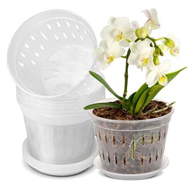Imagem de JGB Pacote com 9 vasos de orquídeas de 17,8 cm para replantar, vaso de orquídea transparente com furos e pires, vasos de orquídeas com fenda respiráveis, vasos de plantas de plástico para plantas internas e externas
