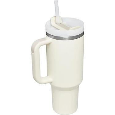 Imagem de Copo com alça Caneca de viagem de 1,134 g com canudo isolado quencher aço inoxidável presente água chá gelado café (creme)