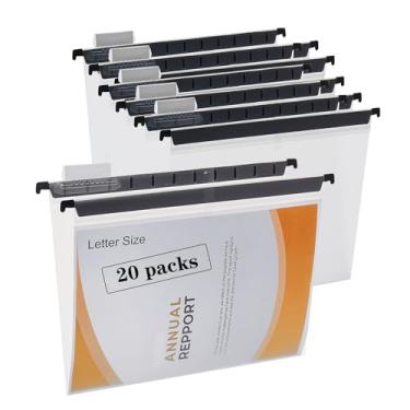 Imagem de Fei Bi Pasta suspensa transparente de 20 peças, tamanho carta, com etiqueta ajustável de corte 1/5, pasta de arquivo suspensa de polietileno 24 x 28 cm, adequada para escritório, casa, escola