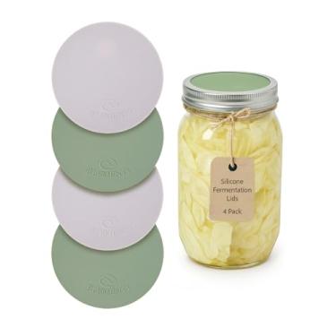 Imagem de Elementi Tampas de fermentação Mason Jar – Conjunto de 4 tampas de silicone de fácil aderência para frascos de vidro de boca larga – Kit de fermentação de chucrute e decapagem – Airlocks autoarrotos