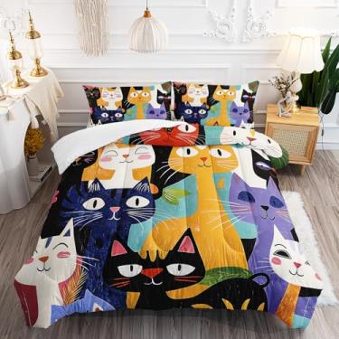 Imagem de AILONEN Conjunto de edredom infantil fofo com cabeça de gato, tamanho solteiro, com estampa de animal kawaii, para amantes de gatos, 1 colcha + 2 fronhas, microfibra macia