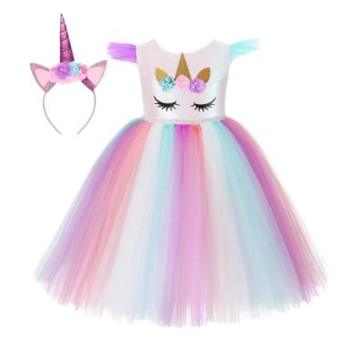 Imagem de Fantasia Menina Unicórnio Vestido Tule Rodado Dia das Crianças Halloween Com Tiara Chifre Festa Aniversário Princesa Estiloso Colorido (G)