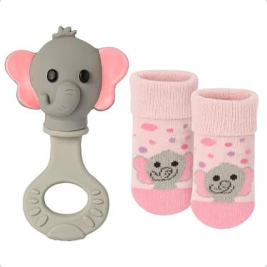 Imagem de Kit Chocalho Mordedor + Meias Algodão Confortável Recém-Nascido Bebê Infantil Brinquedo Sensorial (Rosa, 4-12 Meses)