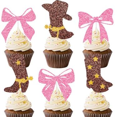 Imagem de VorkiVecKi Boots or Bows Cupcake Toppers - 24 Pcs Glitter Gender Reveal Party Supplies Decorations for Baby Shower Boys or Girls Cup Cake Dessert Picks Inserts Decor Decorating Celebration Brown Pink