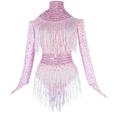 Imagem de Youmeisha Body feminino de malha sexy com franjas e strass, festa de aniversário, equipe, dança, carnaval, drag queen, roupa (rosa)