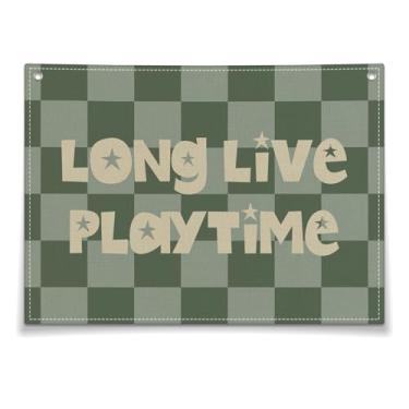 Imagem de Tapeçaria Long Live Playtime, tapeçaria de parede de linho verde azul, bandeira vintage para berçário, sala de jogos, sala de aula, decoração de quarto infantil moderna para meninos e meninas-022