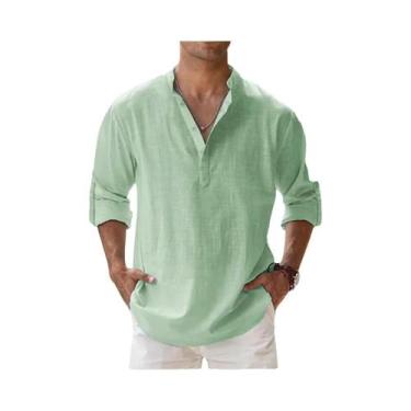 Imagem de Camisas De Verão Casuais Masculinas Em Algodão E Linho Com Gola Henley