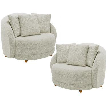 Imagem de Kit 02 Poltronas Decorativa Sala De Estar Base Fixa De Madeira Witta M03 Bouclê Bege Claro - Lyam Decor