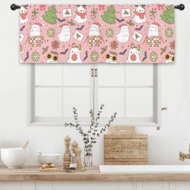 Imagem de Kalmico Cortina de cozinha fofa fantasma de Natal 137 cm L x 46 cm C 70 anos 70 Groovy Funky Trendy Xmas Tree Winter Rod Pocket Short Cafe Small Window Treatment Drapes Decor