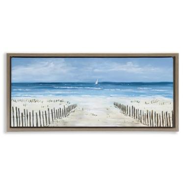 Imagem de Stupell Industries Arte de parede em tela flutuante marrom com moldura única de veleiro e cerca de praia, design de Georgie Harrison, 28 x 63 cm