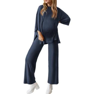 Imagem de Conjunto de pijamas de maternidade FMEYOA Nursing Pjs azul escuro para