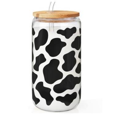 Imagem de Copo de vidro SANDJEST Cow Print com tampa de bambu e canudo 470ml