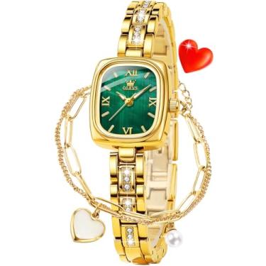 Imagem de OLEVS Relógio de pulso feminino dourado, quadrado, quadrado, elegante, pequeno, fino, 3695: verde