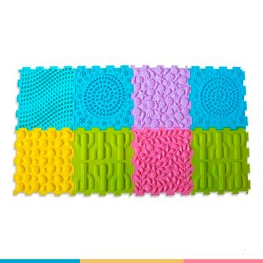 Imagem de Tapete Sensorial Borracha Infantil Modular, 25x25cm, 6 Padrões em Relevo, Conchas, Estrela do mar, Folhas, Cactos, Bolas, Multicolorido.