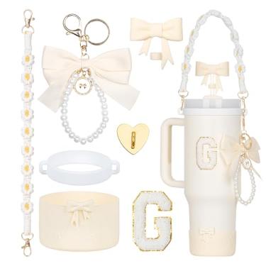 Imagem de Rabrgab Conjunto de acessórios para copo Stanley branco de 7 peças – topo de canudo com laço, pingente de laço fofo, bota de silicone com design de laço, alça de alça de garrafa de água e adesivo de