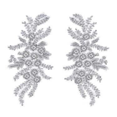Imagem de letsinstyle Para 2 peças de apliques de renda com lantejoulas bordadas 3D, apliques de flores de lantejoulas de poliéster, aplique de gola de tecido de flor para roupas de casamento, calça jeans