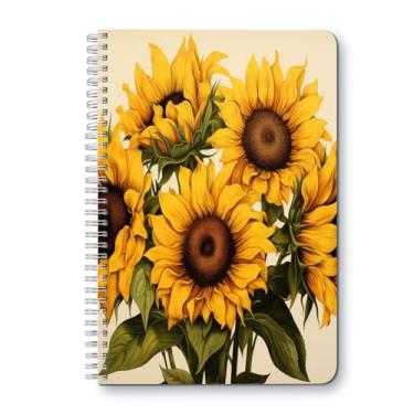 Imagem de Caderno espiral, espiral de arame duplo forrado na faculdade, material escolar, faculdade e escritório, 100 páginas, 14,5 x 21 cm - Buquê de girassóis detalhado e flores delicadas