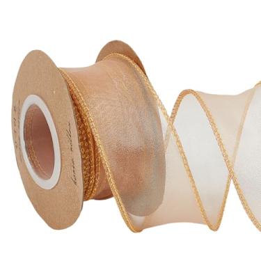 Imagem de letsinstyle 2 peças de fita de organza dourada com fio de 10 metros, fitas de chiffon transparente de 4,8 cm com borda metálica, acabamento decorativo para decoração de árvore de Natal, artesanato de
