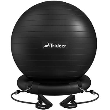 Imagem de Trideer Cadeira de bola de ioga cadeira de bola de exercício com base e faixas para academia em casa bola de treino para abdômen, bola de estabilidade e assento de bola de equilíbrio para aliviar a dor nas costas (preta com faixas, 75 cm)