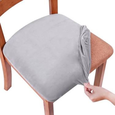 Imagem de Smiry Conjunto de 8 capas de veludo para cadeira de sala de jantar, ajuste elástico, removível, lavável, protetor de almofada de assento com gravatas, cinza claro