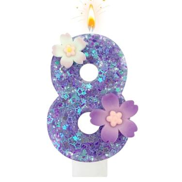 Imagem de Vela de aniversário de flor roxa, número 8 velas de aniversário para bolo, 8 velas para primeiro aniversário, decoração de bolo, aniversário de casamento e outras celebrações (roxo 8)