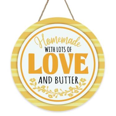 Imagem de Bolisom Placa de cozinha caseira com amor e manteiga, lindo cabide de madeira amarela para padaria, despensa para casa, decoração de sala de jantar, grinalda de madeira divertida para decoração de