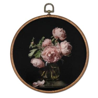 Imagem de OFJE Decoração de parede floral vintage Moody Peony para decoração, decoração de parede redonda floral Dark Academia, impressões em tela emoldurada de flores de casa de campo para decoração de sala de