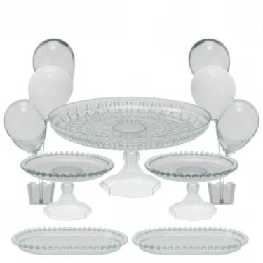 Imagem de Kit Festa Cristal Premium: Boleira Lapidada, 2 Mini Pérola, 2 Bandejas Pérola e 2 Suportes para Balões c/ Hastes - Decoração Elegante para Casamentos, Aniversários e Eventos Especiais