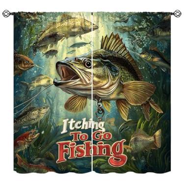 Imagem de Cortinas de pesca vintage rústica lagoa junco arbusto verde padrão de pesca cortinas de janela para quarto sala de estar cozinha café (L20xC15 polegadas) x2 decoração