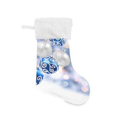 Imagem de Qilmy Bolas de Natal azuis e brancas meias de Natal 2 peças, meias grandes de Natal, decorações de presente e suprimentos de festa, usadas para decoração de lareira de árvore de Natal 549