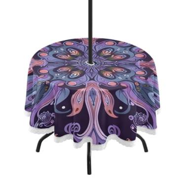Imagem de CEBUGI Toalha de mesa redonda para uso ao ar livre, abstrata, floral, impermeável, com furo Umberlla, capa de mesa lavável para pátio, cozinha, sala de jantar, 152 cm