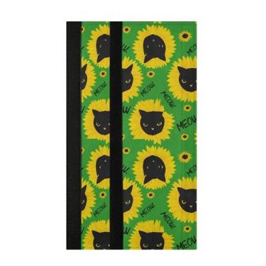 Imagem de Burbuja Conjunto de 2 capas de maçanetas de geladeira de girassol pretas com cabeças de gato, laváveis, forno, micro-ondas, antiderrapante, 35,5 x 14 cm