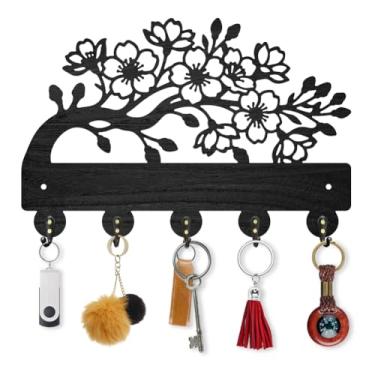 Imagem de MAYJOYDIY Porta-chaves de madeira de flor de cerejeira para parede 29 × 19 cm, suporte decorativo de parede com 5 ganchos de liga para entrada, cozinha, escritório, quarto, presente