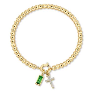 Imagem de Korotho Pulseira de pedra de nascimento cruzada para mulheres – Pulseiras elásticas delicadas banhadas a ouro 14 K, modernas, à prova d'água, não mancham, joias de aniversário, Natal, meias para mães