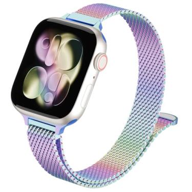 Imagem de Pulseiras femininas e masculinas finas estilo milanês compatível com Apple Watch de 38 mm, 40 mm, 41 mm, 42 mm, 44 mm, 45 mm, 46 mm e 49 mm, correia magnética de aço inoxidável para iWatch séries 11