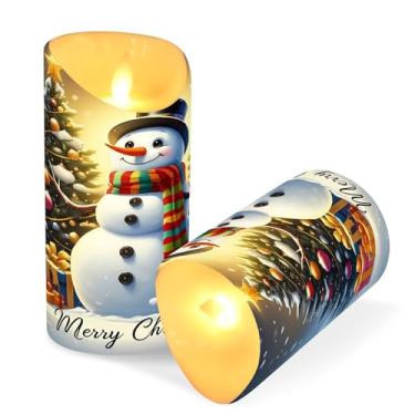 Imagem de ATTX Pacote com 2 velas de boneco de neve de Natal sem chama – Velas de pilar de LED de 7,6 cm x 15 cm com controle remoto e temporizador para casa, casamento, decoração de acampamento #389