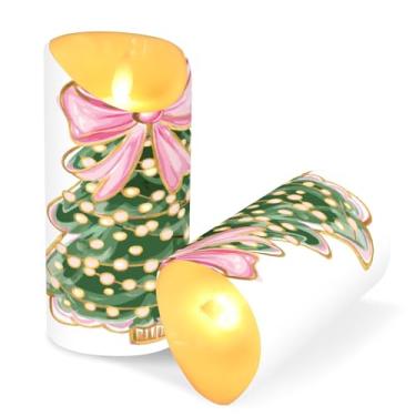 Imagem de ATTX Pacote com 2 velas sem chamas para árvore de Natal com laço rosa - 7,6 cm x 15 cm com controle remoto e temporizador para decoração de casa, casamento, acampamento #219