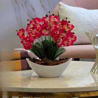 Imagem de Arranjo de Orquídea Artificial com Vaso Branco e Casca Polida Decorativa para Mesa e Escritório(Rosa Pink)